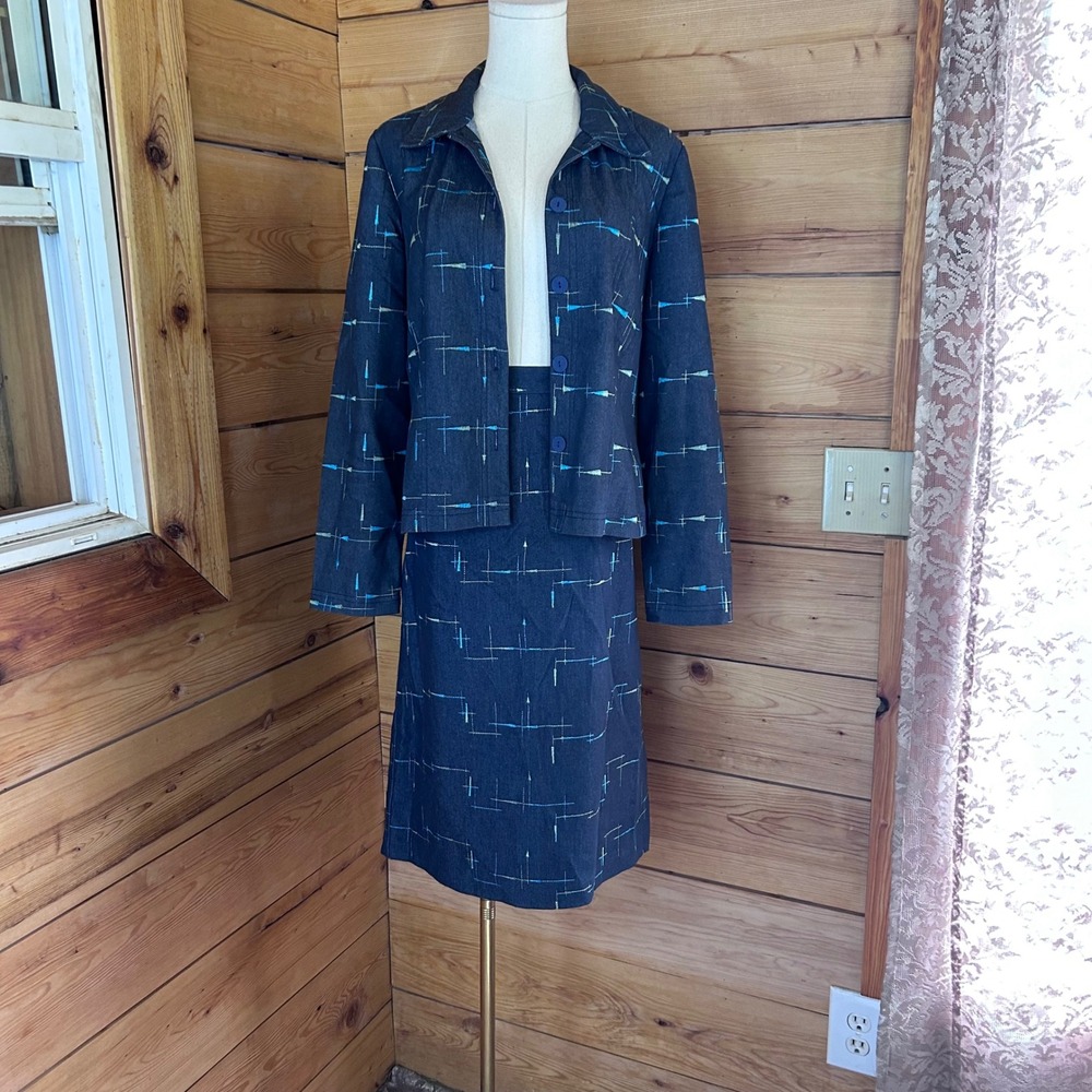 Vintage Denim Skirt Suit Set Womens Medium Indigo Turquoise Geometric Allure